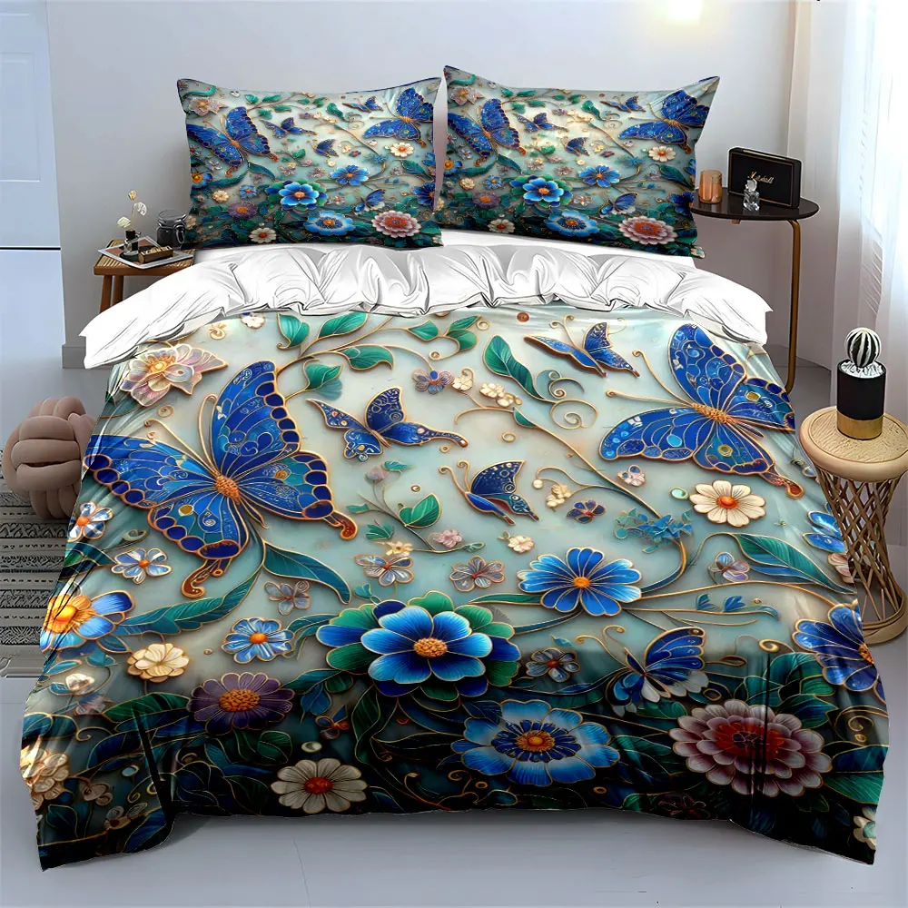 

"Butterfly Floral Pattern Decoration" Soft Skin-Friendly Bedding Set Includes 1 Duvet Cover And 2 Pillowcase, Gift
