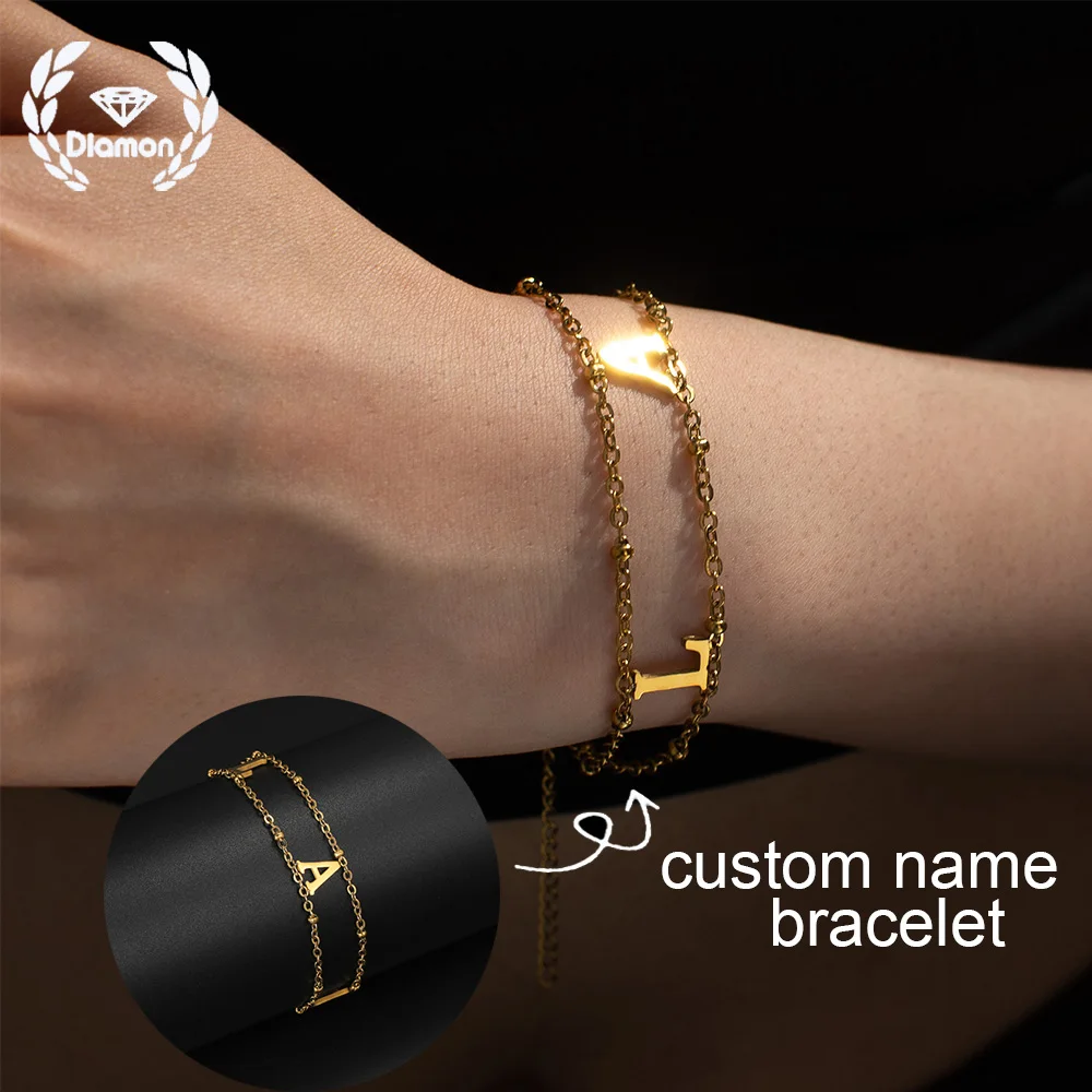 

Двухслойный браслет с бриллиантами на заказ, цепочка с гравировкой в виде букв и любовью, подвеска «Бесконечность», ювелирные изделия из нержавеющей стали, подарок для женщин