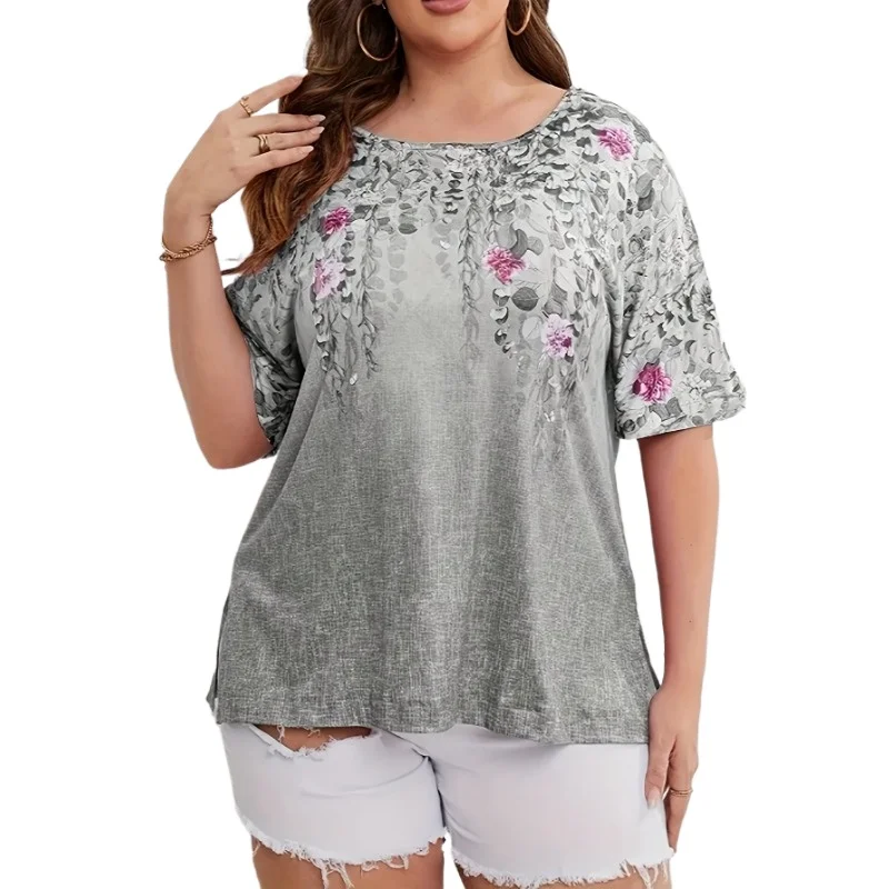 

Плюс размер 1XL-5XL, весна-лето, женская модная футболка с коротким рукавом, женская повседневная футболка с круглым вырезом и цветочным принтом