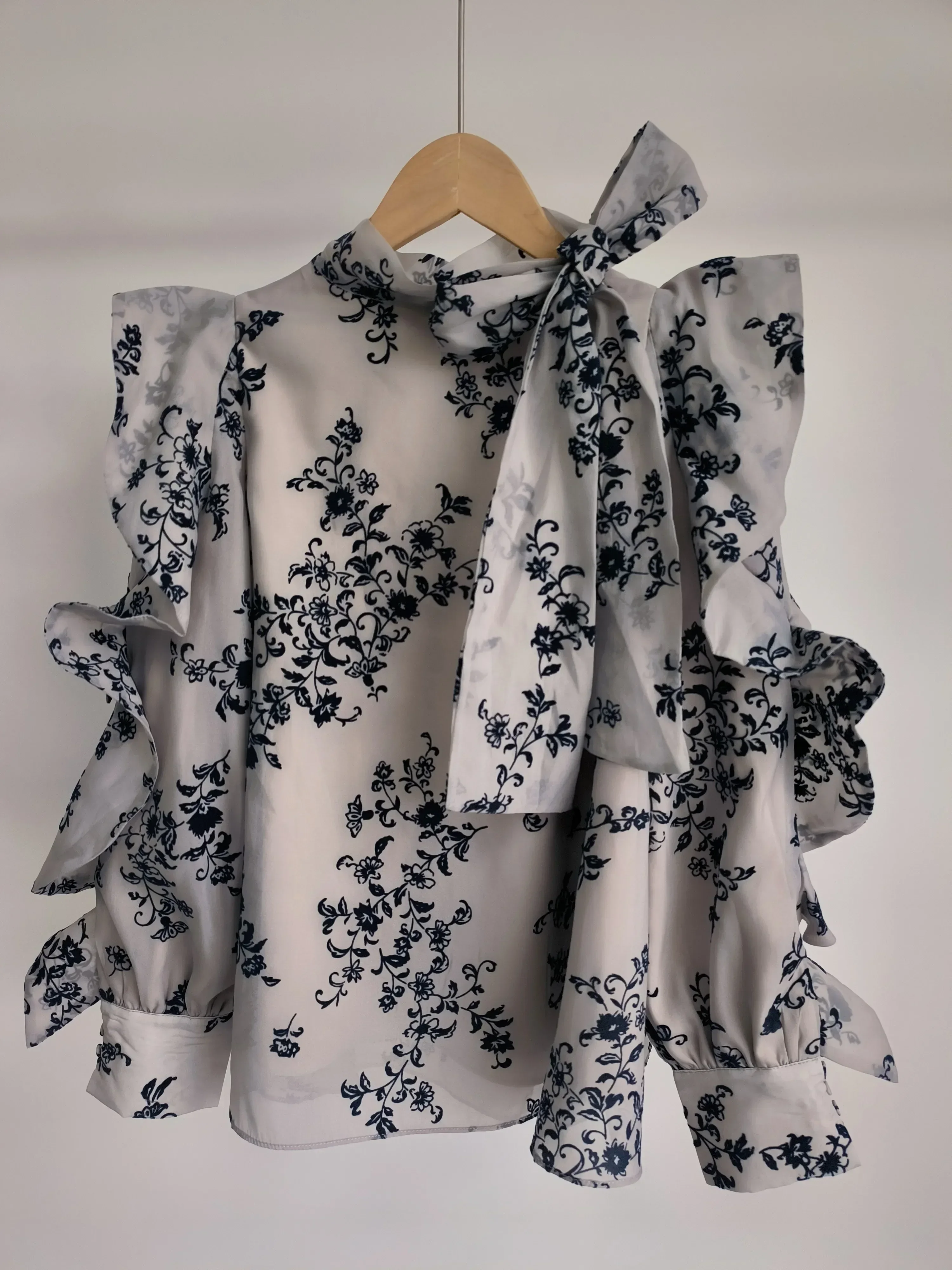 Neploe 2024 Stand Neck Bandage Bowknot Blouses Japanese Ruffles Long Sleeve Flower Print Shirts Vintage Blusas Mujer De Moda