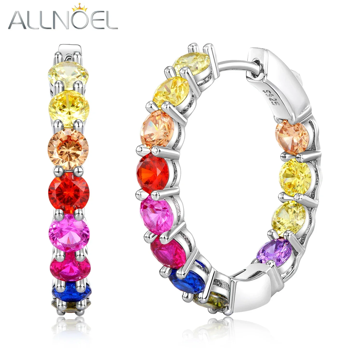 

ALLNOEL 925 Sterling Silver Hoop Earrings For Women Colorful Zircon Rainbow Crystal brincos серьги pendientes Fine Jewelry Gifts
