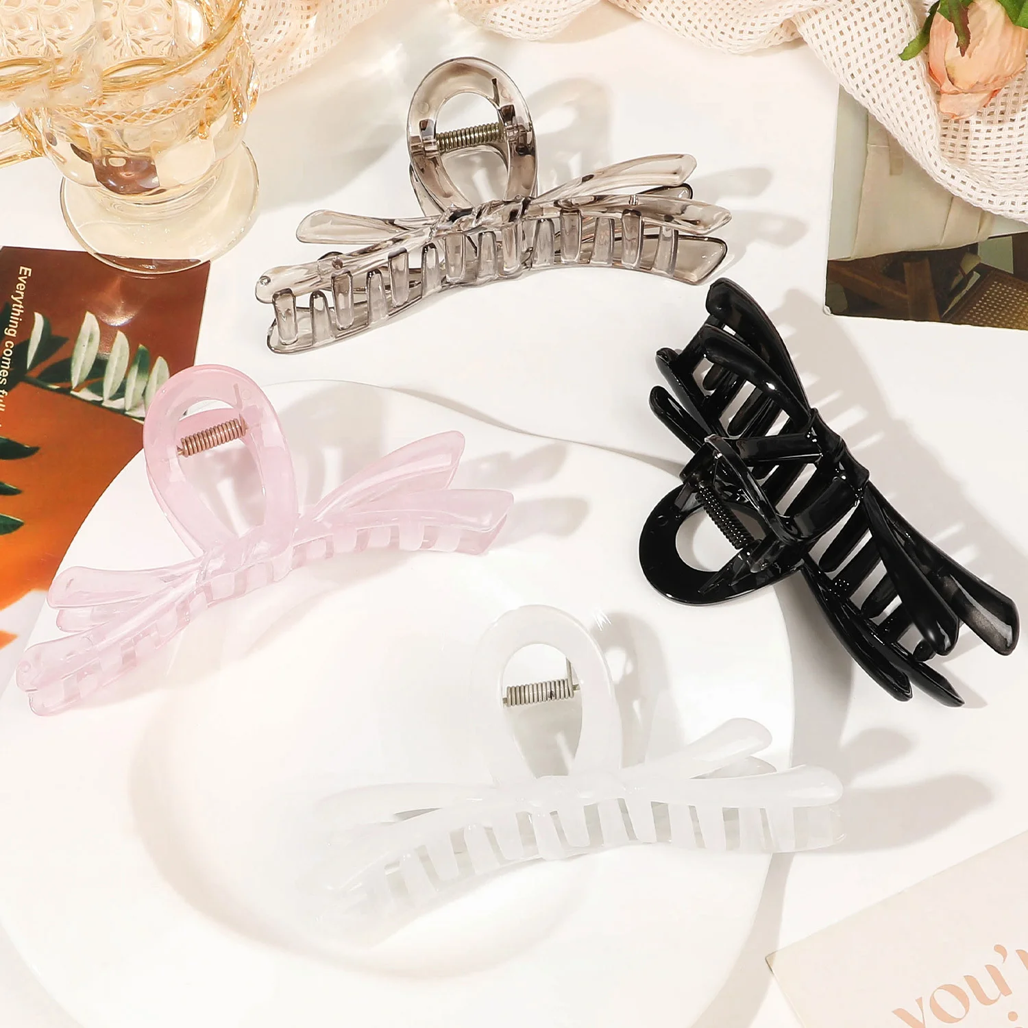 2/4 قطعة كبير القوس الشريط مشبك شعر السلطعون المشابك للنساء الفتيات الحلو الاكريليك القرش مشبك شعر دبوس الشعر ذيل حصان إكسسوارات الشعر #3