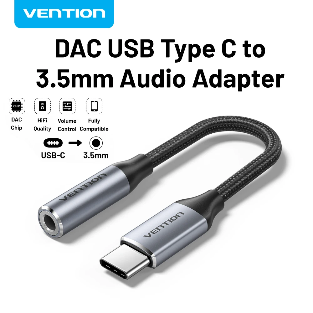 Vention USB Type C to 3.5mm DAC Chip Earphone Adapter USB C to 3.5 Aux Cable for PC for iPhone 16 Pro Max Macbook Samsung Galaxy