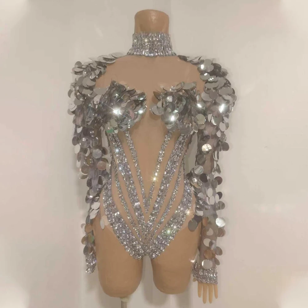 Silver Large Disc Sequin Rhinestone Bodysuit Long Sleeve See Through Stage Costume Singer Performance Dance Competition Outfit