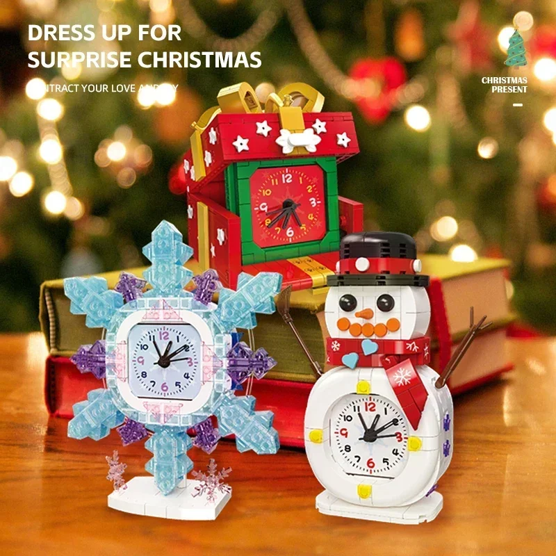 Schneemann Ziegel Modell Puppe Schneeflocke Geschenk Box Uhr Weihnachten Serie ABS Baustein Set Festival Dekoration DIY Kinder Spielzeug