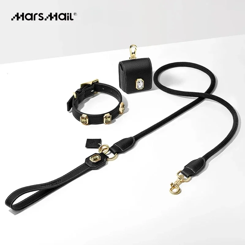 MarsMail Black Leather Crystal Pet Collar Traction Rope Set Adjustable Neck Rope Large Medium Small Dog Walking Cat Dog Rope