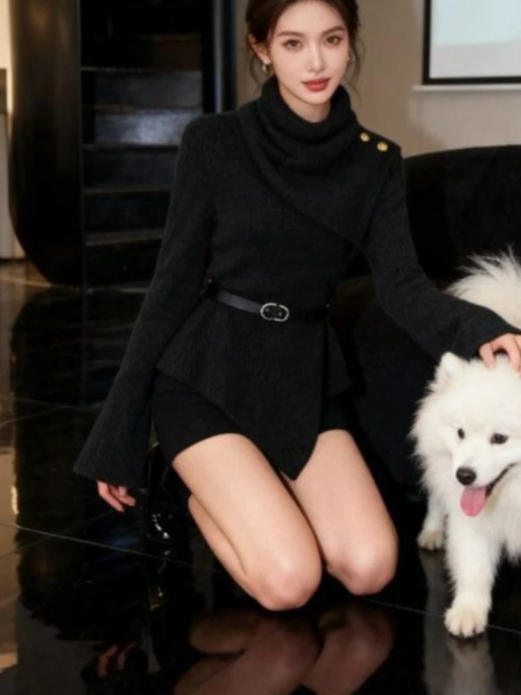 الفرنسية أنيقة عالية الرقبة متماسكة المرأة الخريف الشتاء سليم صالح مربوط سترة مجموعة براون متوهج كم شيك عادية مكتب نمط