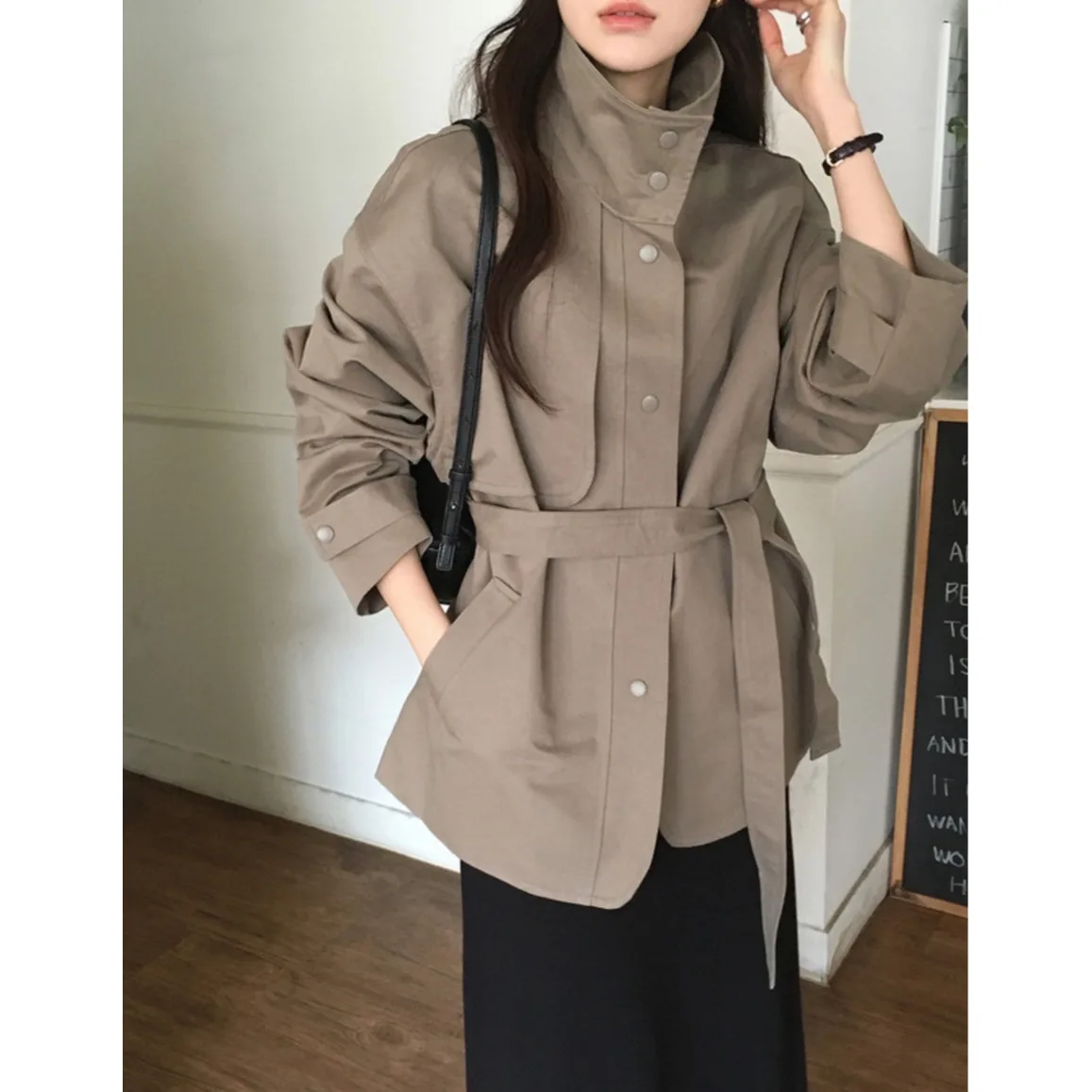 Autumn New Loose Tunic Coat Stand Collar Elegant Waistband Women's Casual Style Long Sleeve Regular Length Single Button