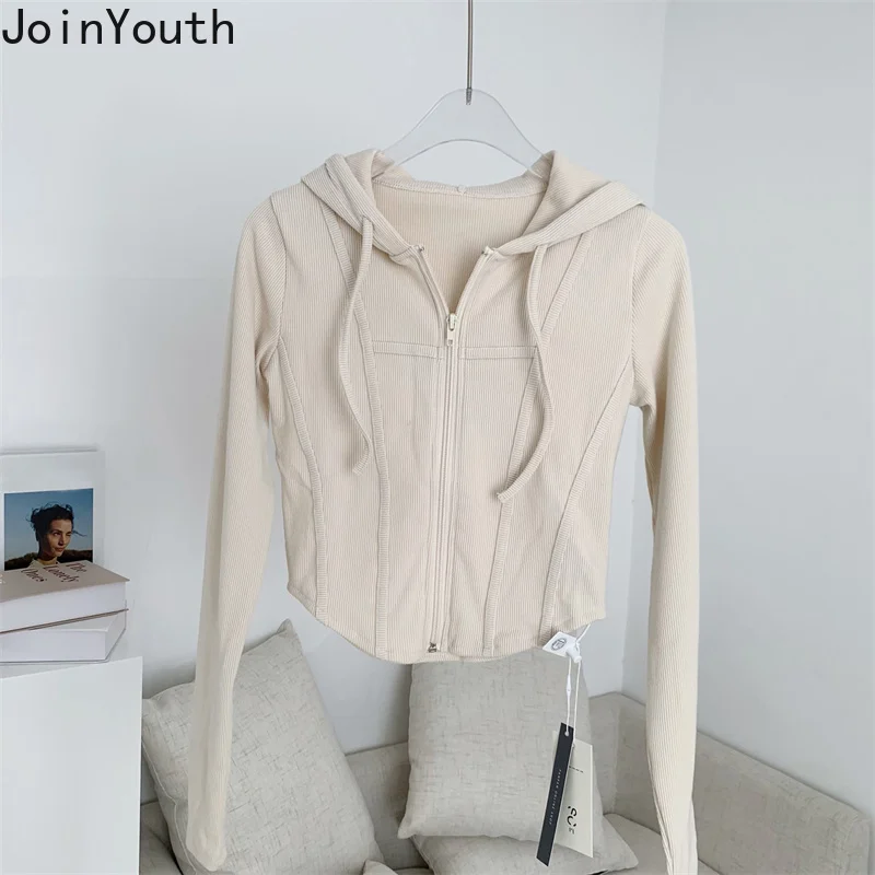 Tunic Sweatshirt Women Clothing Hooded Zipper Fashion Crop Tops Solid Color Casual Korean Y2k Hoodies Jackets 2023 Ropa Mujer