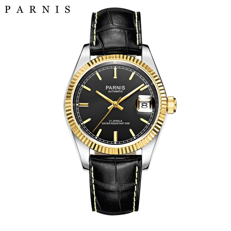 Parnis 36mm Silver Gold Mens Watches Sapphire Crystal 21 Jewels Miyota Movement Automatic Mechanical Male Wristwatch