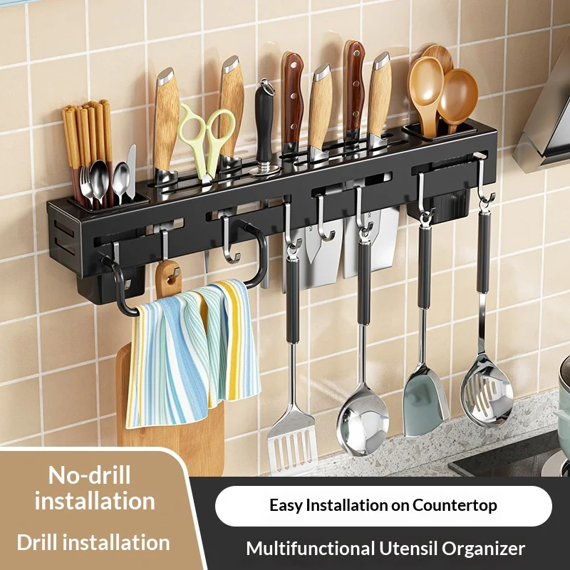 Wall Mount Kitchen Knife Holder Multifunctional Utensil Storage Rack with Chopstick Spoon Basket Hooks for Kitchen Organizer