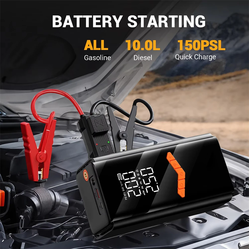 10000mAh Multifunctional 4-in-1 150PSI Tire Inflator Jump Starter Car Battery Emergency Booster with Power Bank and Led Light