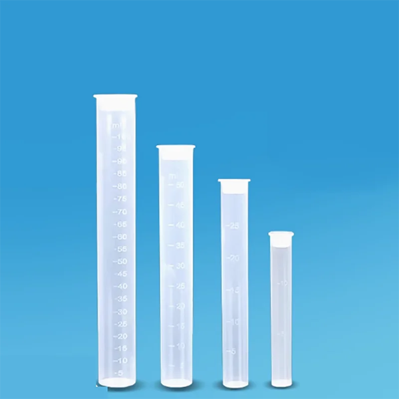 Tubo colorimétrico de plástico con scale10, 25, 50, 100ml, PP, sin boro, tubo de ensayo de fondo plano con tapa, 10 unidades