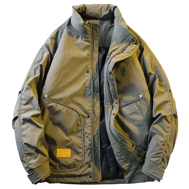Men's Army Green Padded Jacket Winter Thickened Warm Stand Collar Zip Up American Vintage Workwear Cotton Coat Parkas