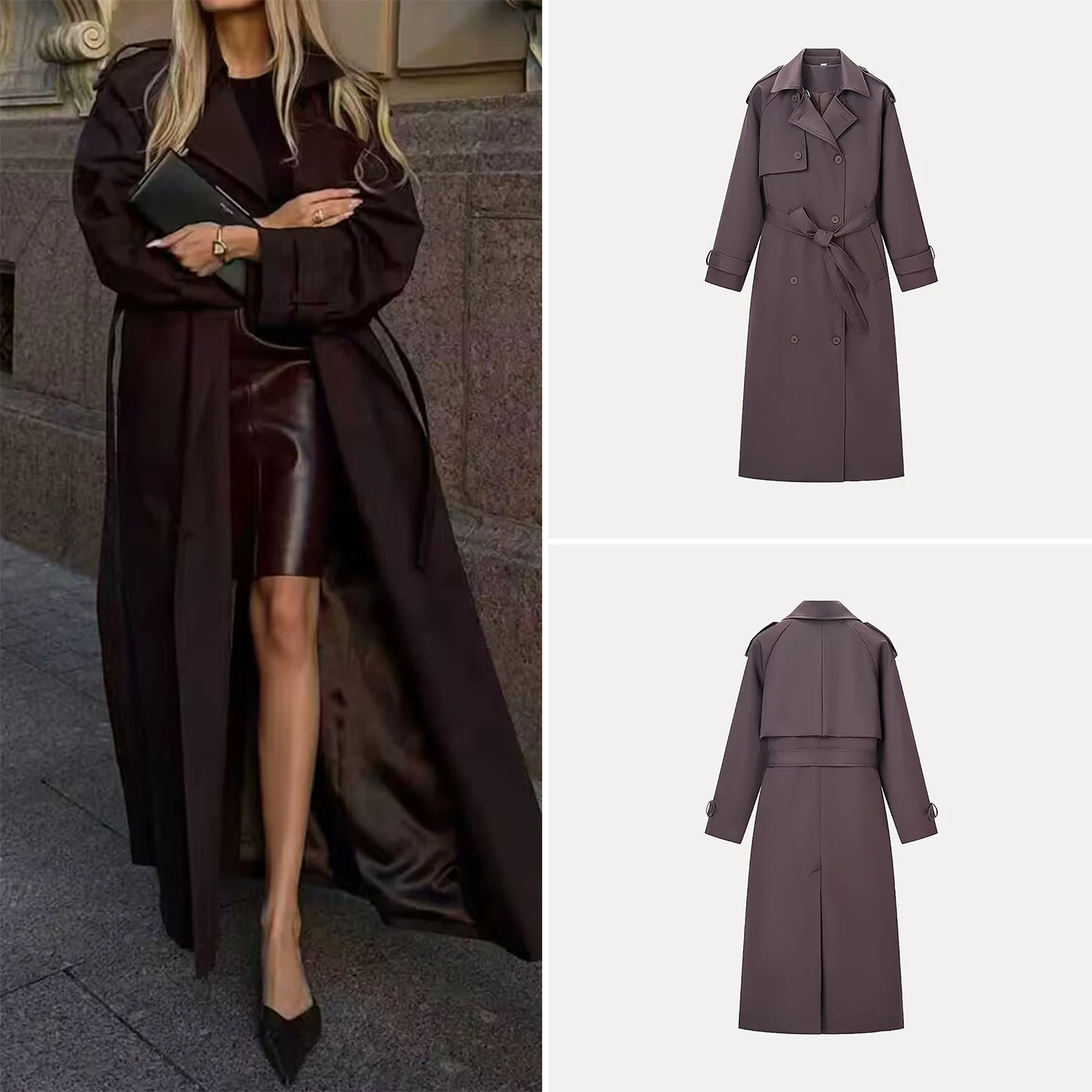 

Winter 2025 Women's Long Double-Breasted Coat with Belted Double Front Closure Faion Commute Sle Outerwear