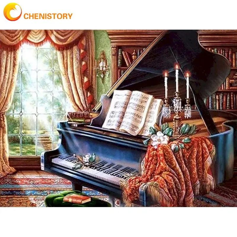 

CHENISTORY 5D DIY Diamond Painting Piano Landscape Full Square Round Diamond Embroidery Cross Stitch Home Decor