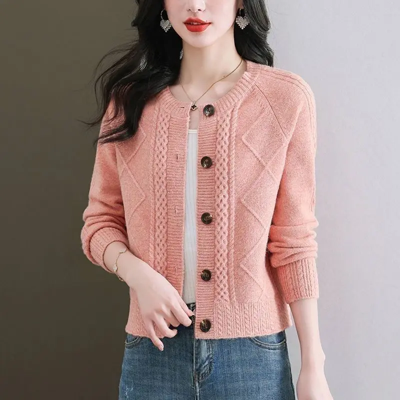 

Solid Color Twisted Round Neck Sweater Jacket for Women Spring and Autumn Loose Fashionable Short Small Knitted Cardigan Top