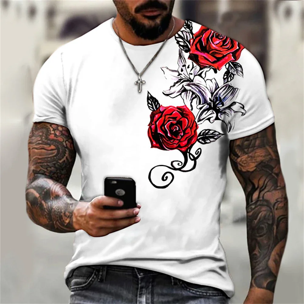 

2025 Summer Men Casual Short Sleeve O-neck Streetwear T-shirt 3D Graphic Bright Rose Print Vintage T Shirt Men Women Tshirt