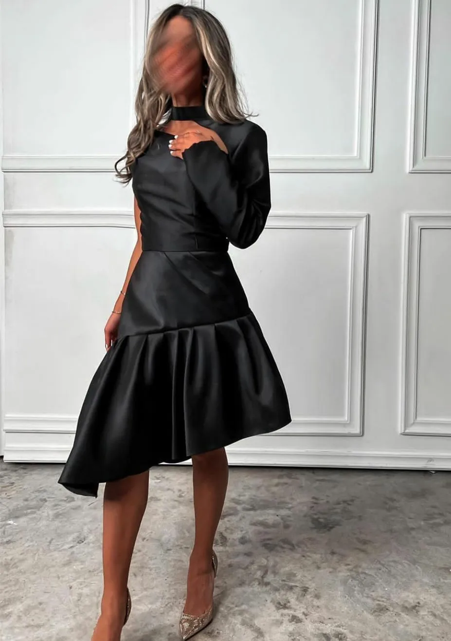 Personalizado curto cetim babados vestidos de noite preto um ombro chá comprimento robes de soirée formal vestido de festa para mulher