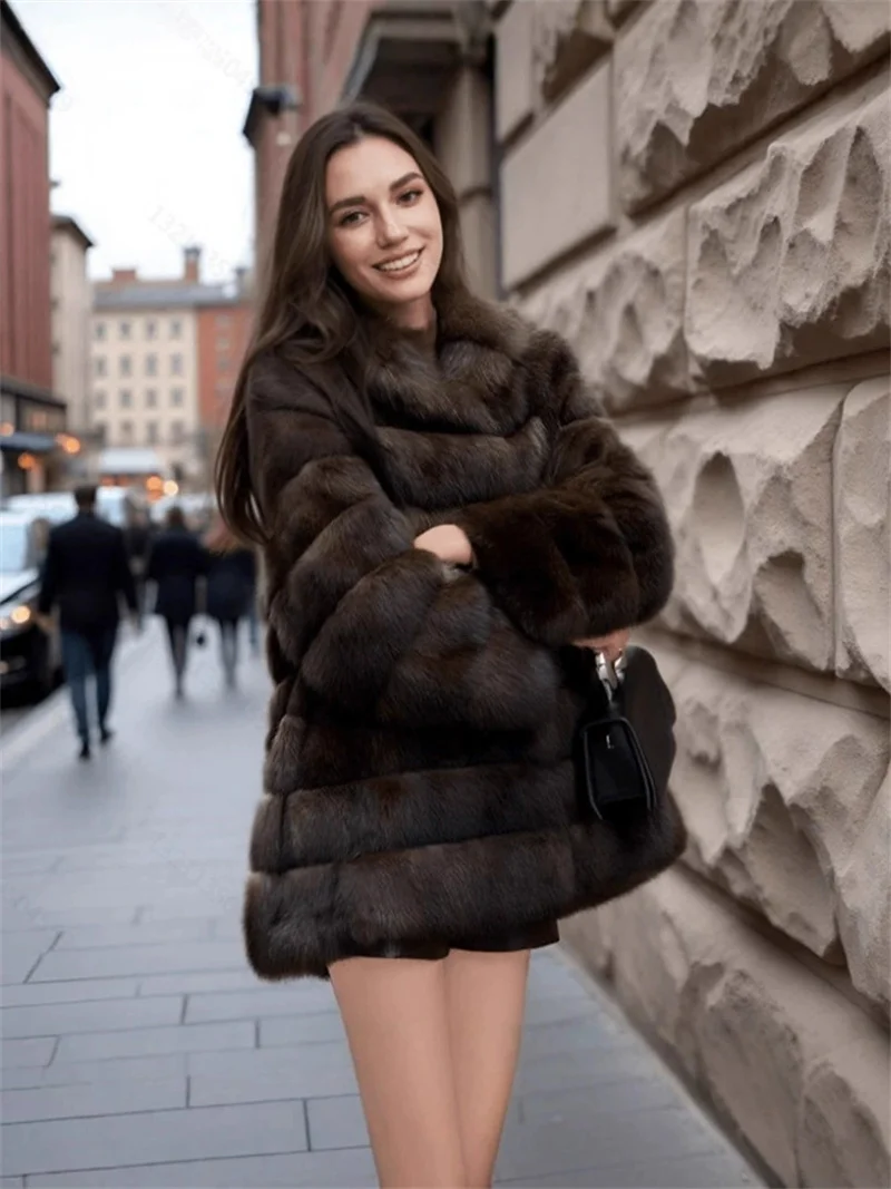 2025年ファッションイミテーションミンクファーコートレディースロングフェイクファーオーバーコート冬大きいサイズダークブラウン厚手フード付きゆったりアウター