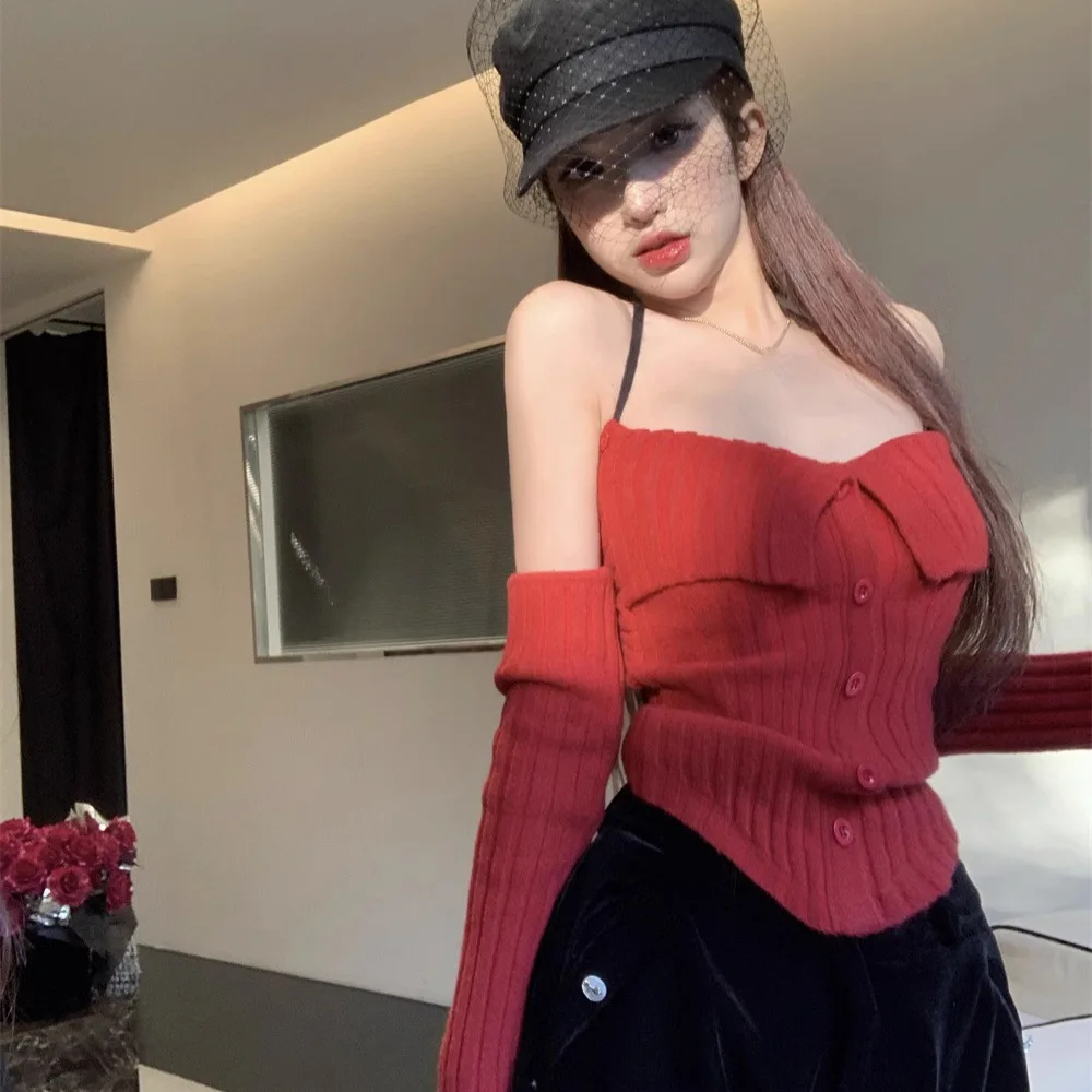 2025 herbst Winter Neue frauen Sexy Halter Off Schulter Lange Ärmel Stricken Top Schlank Abgeschnitten Weiß Pullover