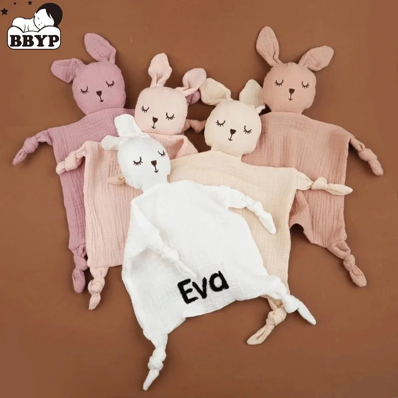 Personalized Name Gauze Baby Towel Bunny Ear Rabbit Doll Baby Comforters Blanket Soothing Towel Security Blanket Doudou