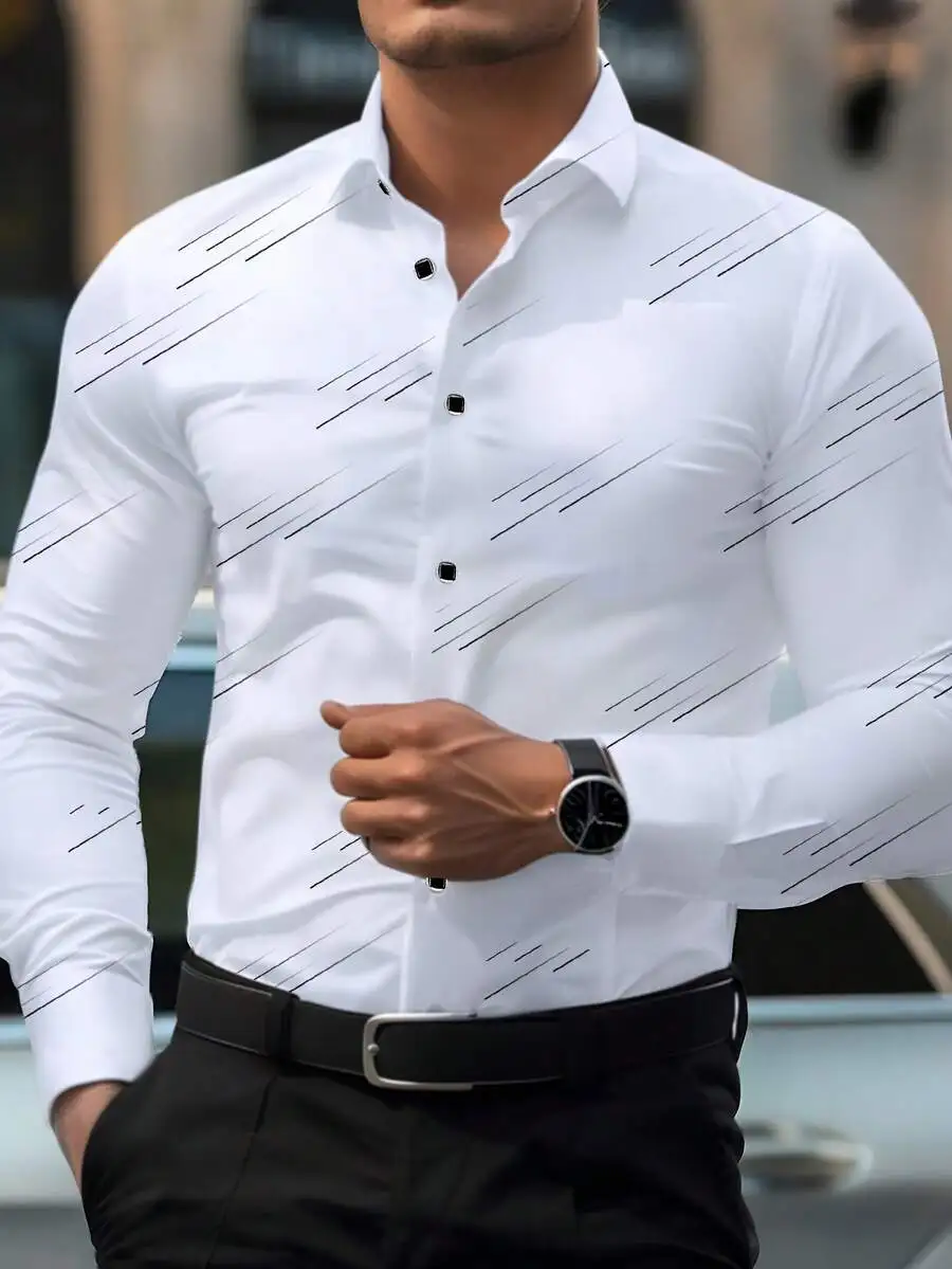 

Men's Slim Fit Long Sleeve Shirt with Diagonal Line Print, Casual Formal Wear