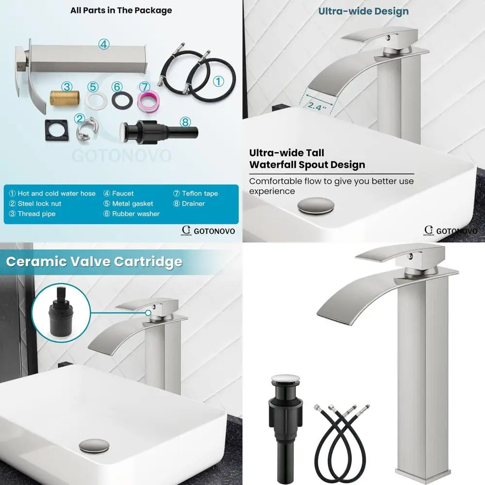 

Modern Single Handle Stainless Steel Vessel Sink Faucet with Pop-Up Drain, Brushed Nickel Finish