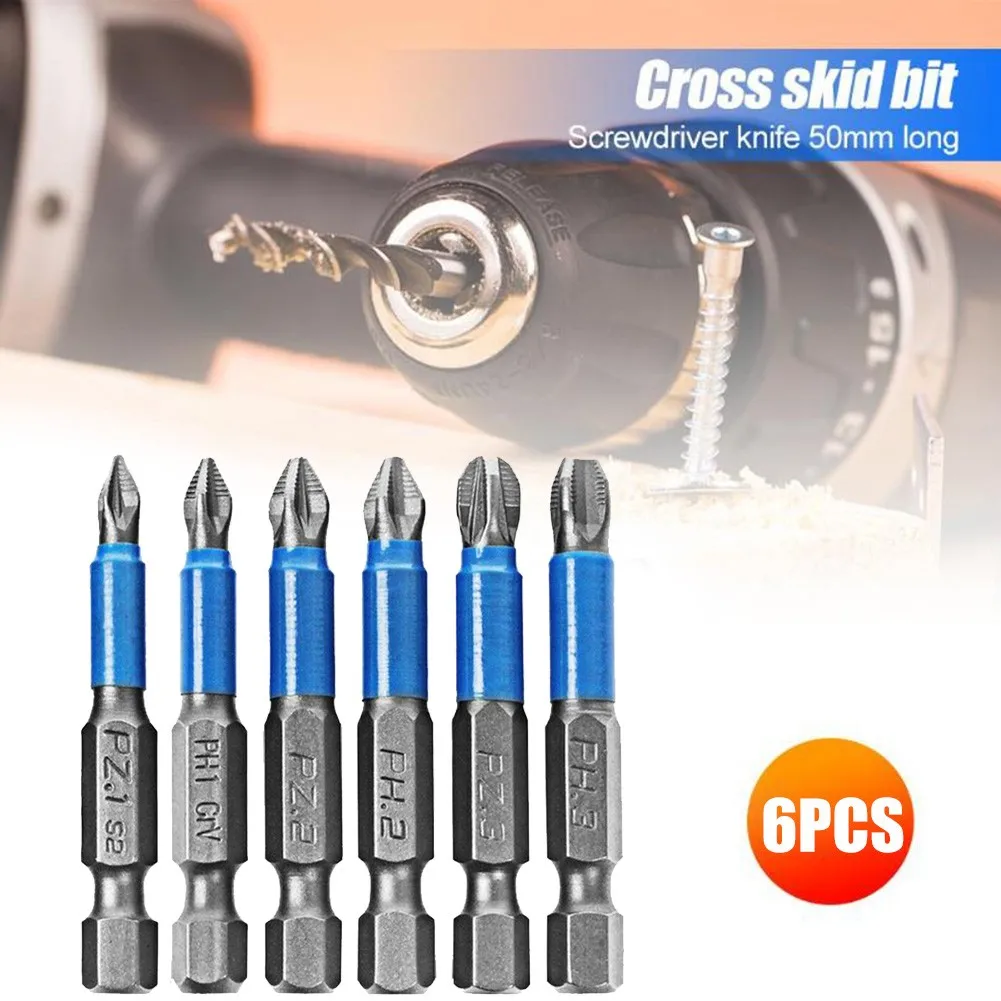 6Pc Bits Set Alloy Steel 50mm Impact Anti Non-Slip Magnetic Cross Tip PH1/PH2/PH3/PZ1/PZ2/PZ3 For 1/4