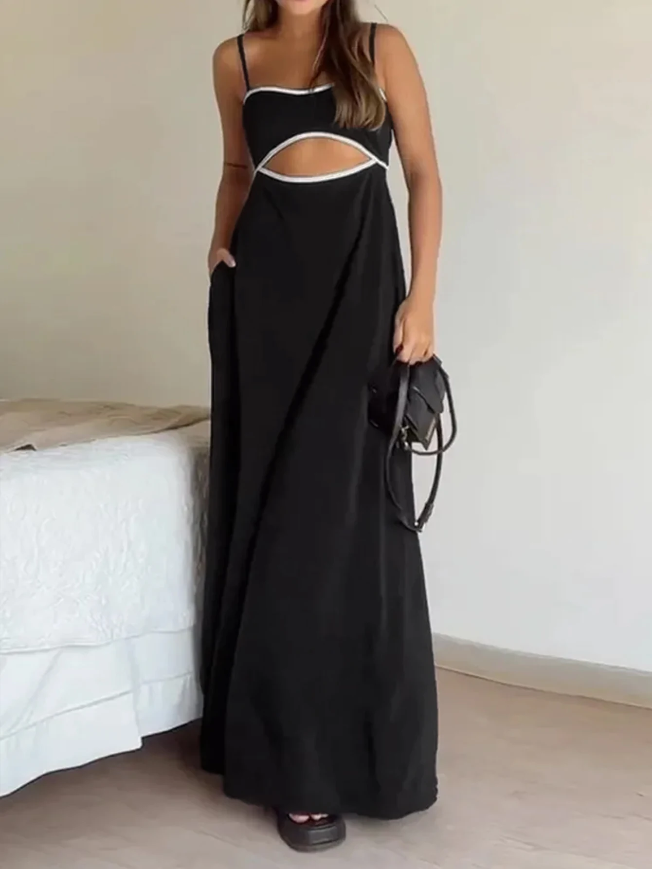 One Spring & Summer Black-White Cutout Slip Maxi Dress, Fashionable & Comfortable, Casual Personalized Style, Outdoor Trip, Youn
