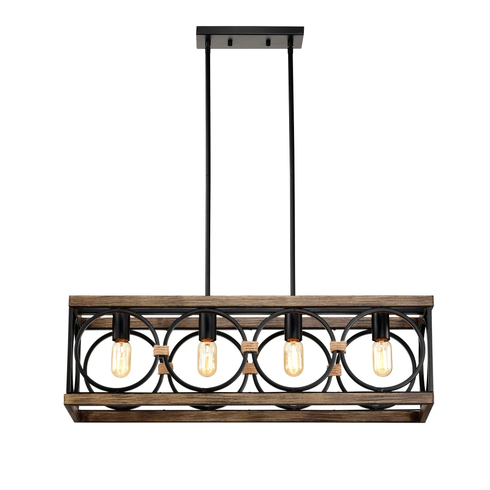 

4-Light (Bulb No Included) Farmhouse Pendant: Wood Vintage Rustic Black Industrial Fixture for Kitchen