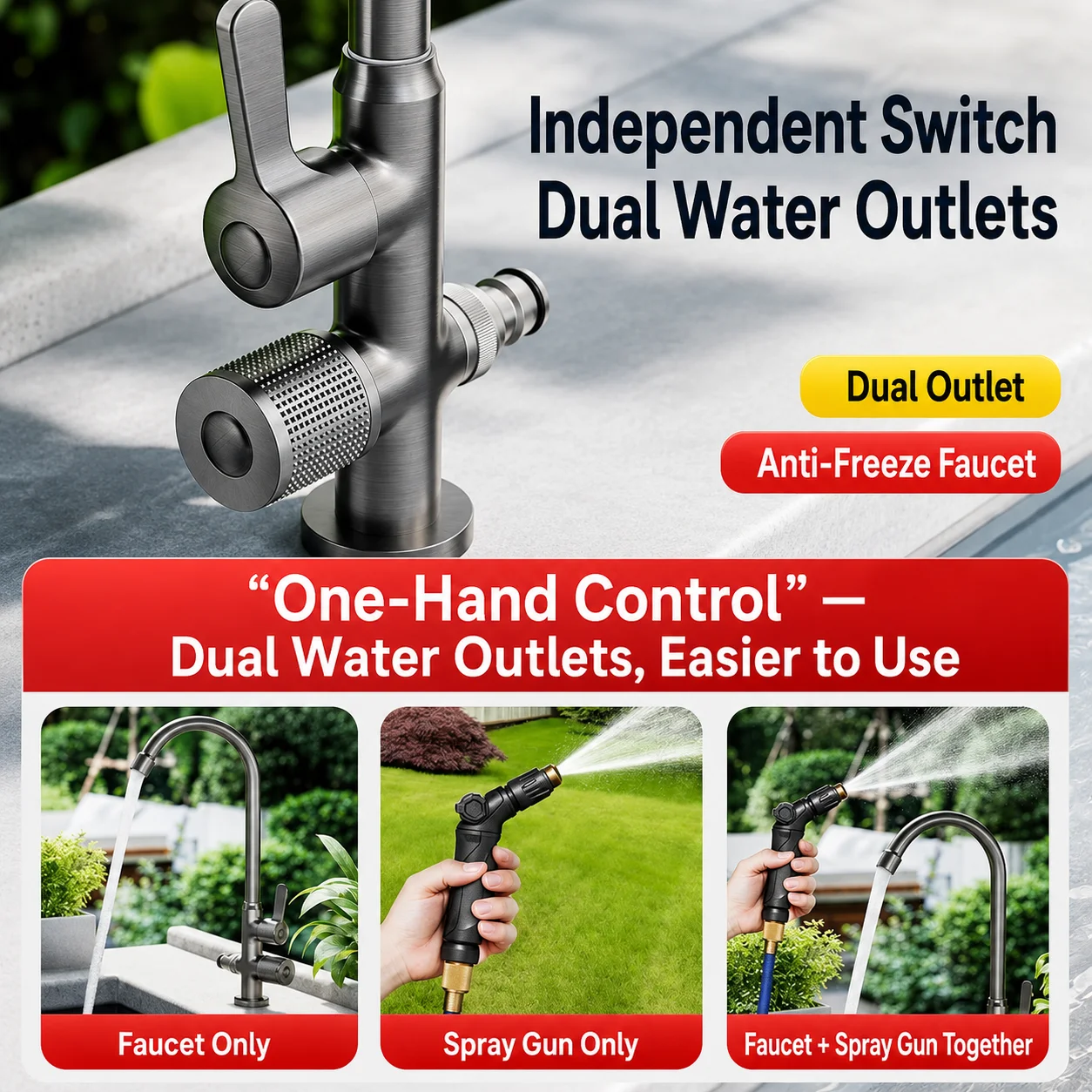 Brass Dual Outlet Outdoor Garden Tap 1‑Inlet 2‑Way Wall Mount Faucet Anti‑Freeze Sun‑Resistant For Washing Machine Car Wash