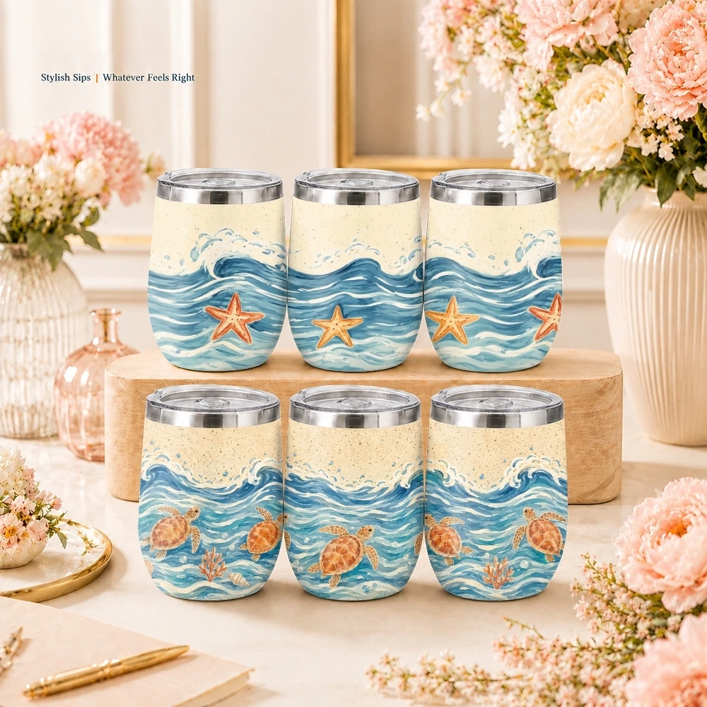 Coastal Marine Life Vacuum Flasks 12oz Insulated Wine Tumbler Vacuum Coffee Mug Egg Shaped Thermos