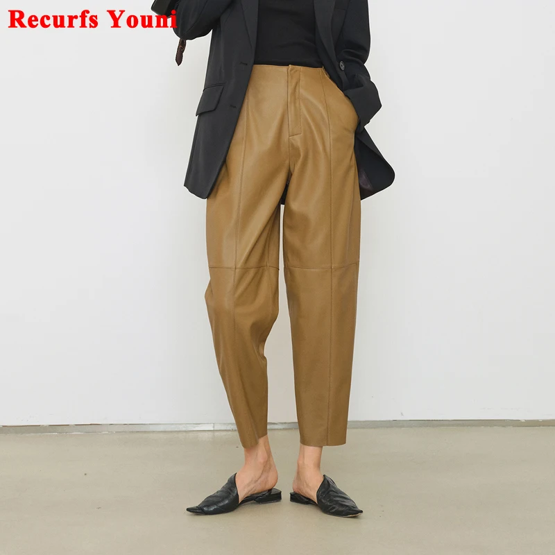 Women Lambskin Cropped Trousers 2024 Winter Femme Soft Delicate Leather Radish Pants Mujer Khaki Casual Loose Black Pantalones