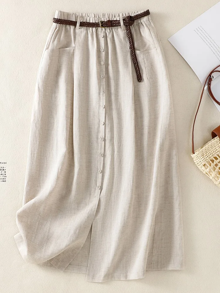 Elegant Cotton Linen Asymmetrical Hemline High Waist A-Line Skirt Women Summer Elastic Waist Slimming Single Button Casual Li...