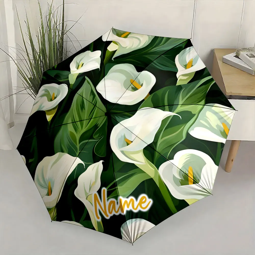 Custom Name Elegant Floral Umbrella with Calla Lily Design Print 8 Iron Ribs Folding Umbrella Auto-Open Fashion Sunshade