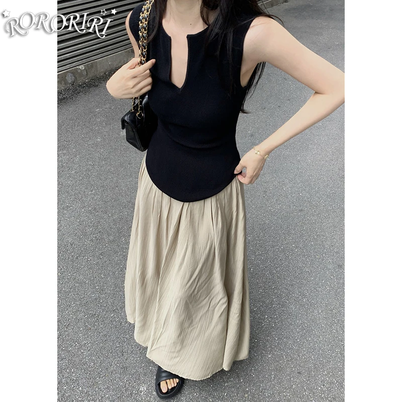 

RORORIRI винтажный черный вязаный топ, юбка, женский комплект из 2 предметов, жилет без рукавов с круглым вырезом, драпированная длинная плиссированная юбка, повседневная летняя одежда