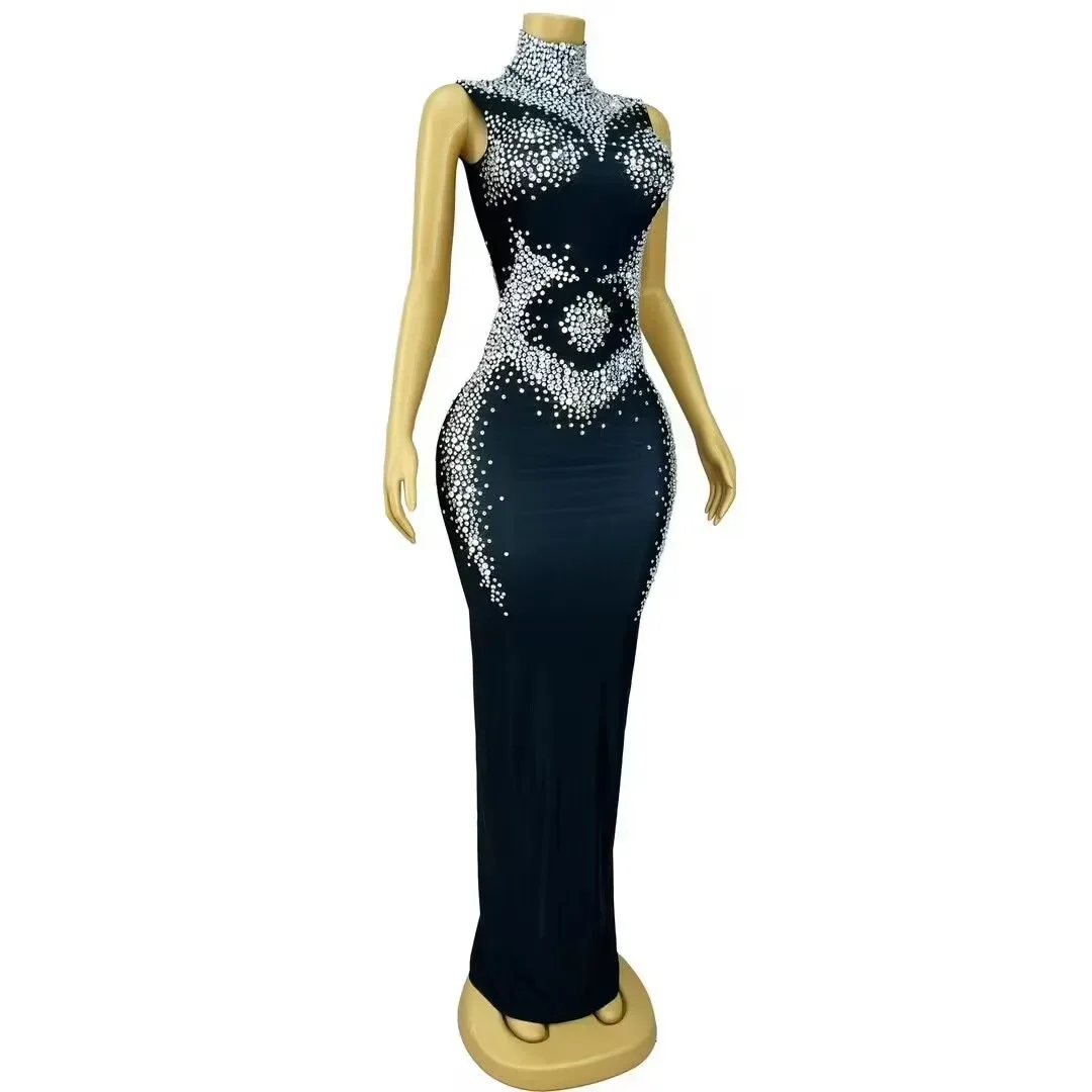 

Women Sexy Stage Sparkly Rhinestones Sleeveless Dress Elegant Birthday Celebrate Evening dress Important occasion party dress