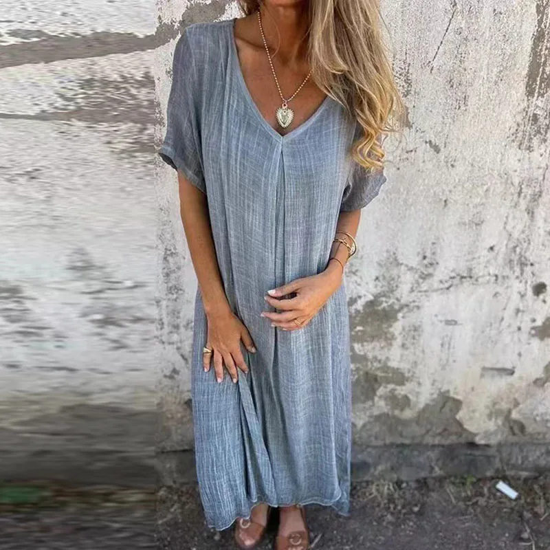 2024 primavera Casual scollo a v cotone lino abito lungo donna tinta unita allentato Boho Party Dress estate manica corta a-line Maxi Dress