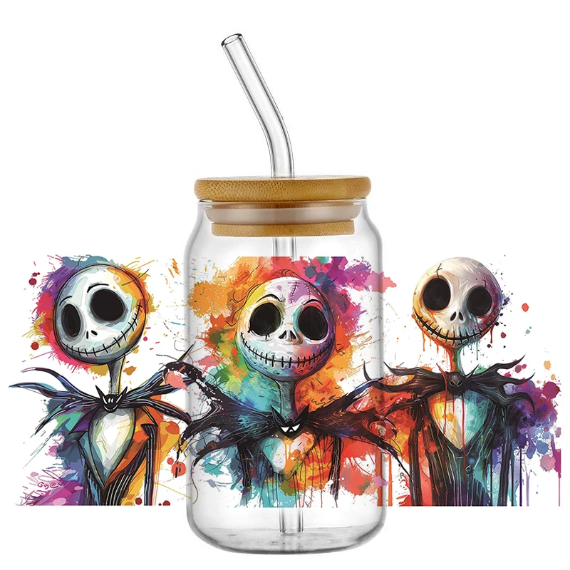 Jack Sally Muster-Transferaufkleber, wasserdicht, UV-beständig, DTF-Becher-Aufkleber, DIY 3D-Aufkleber für 16oz Libbey-Gläser, Heimdekoration