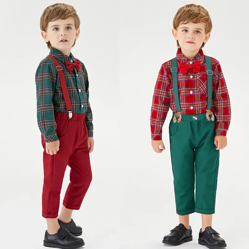 Abbigliamento natalizio per bambini Nuovi ragazzi a quadretti a maniche lunghe con risvolto Cardigan in cotone Pantaloni con bretelle Set da vacanza Stile trendy