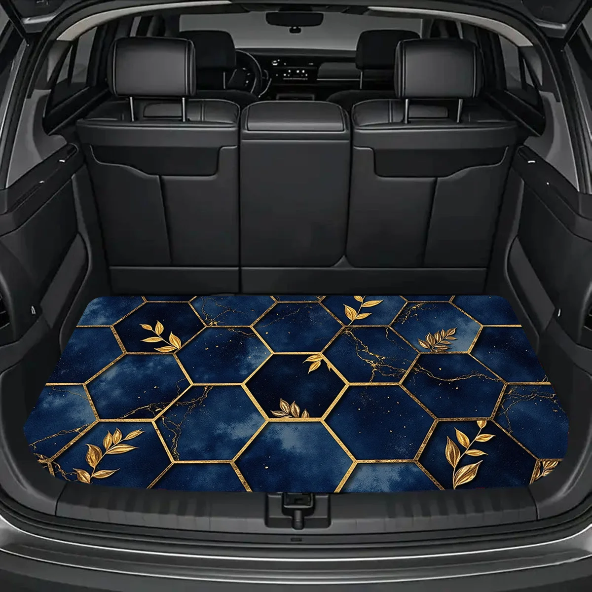 1pc Blue Hexagonal Trunk Mat With Golden Leaf Pattern - Suitable For Most Car Models, Measuring 29.53X39.37 Inches, Made Of Dura