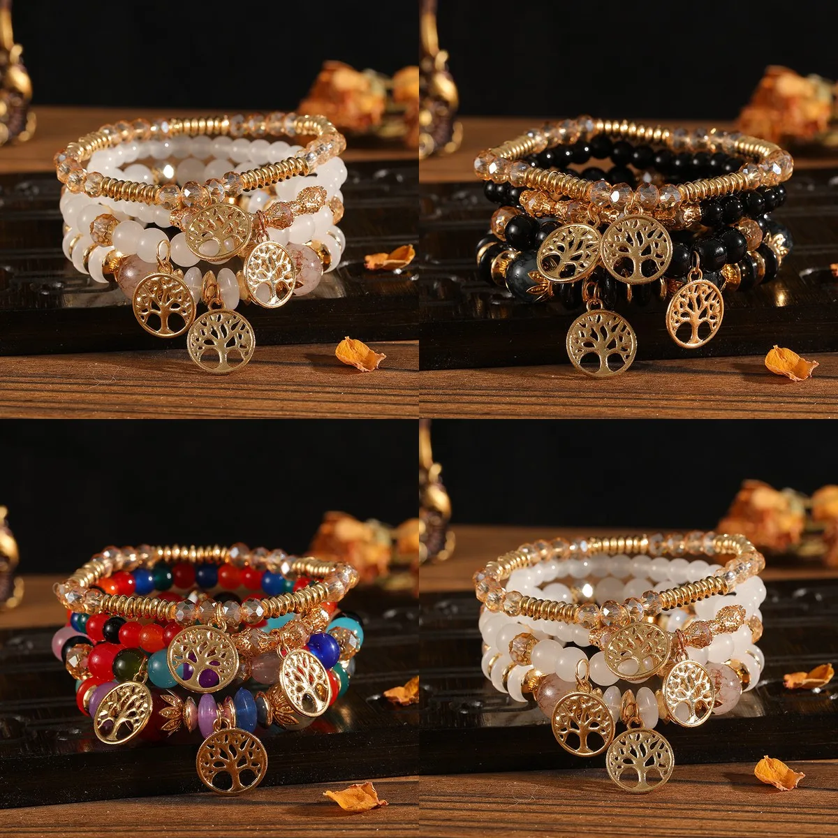 4-Piece Layered Bracelet Set with Tree of Life Pendant, Dopamine-Style Glass Bead Bracelets for Amazon