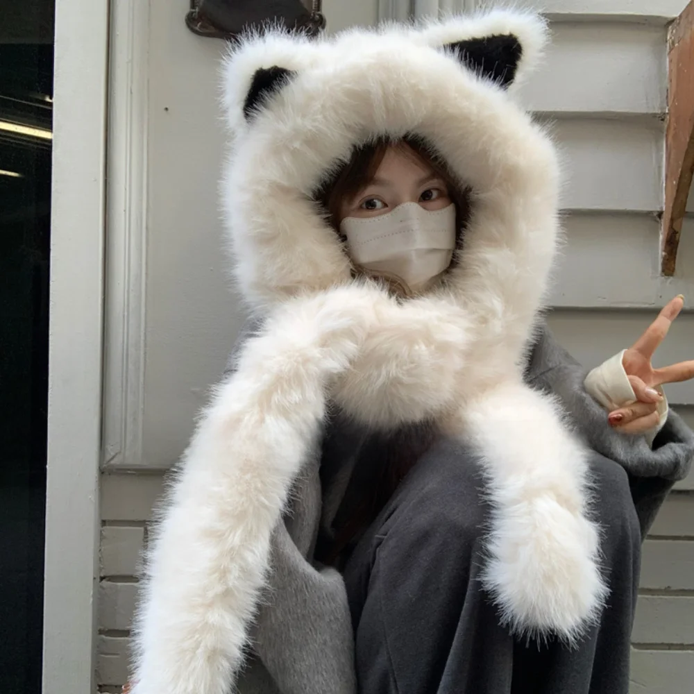 

Trendy Windproof Vixen Ear Beanie Hat Thicken Cold Resistant Fluffy Neck Warm Hat Soft Faux Fur Integrated Cap Scarf Outdoor