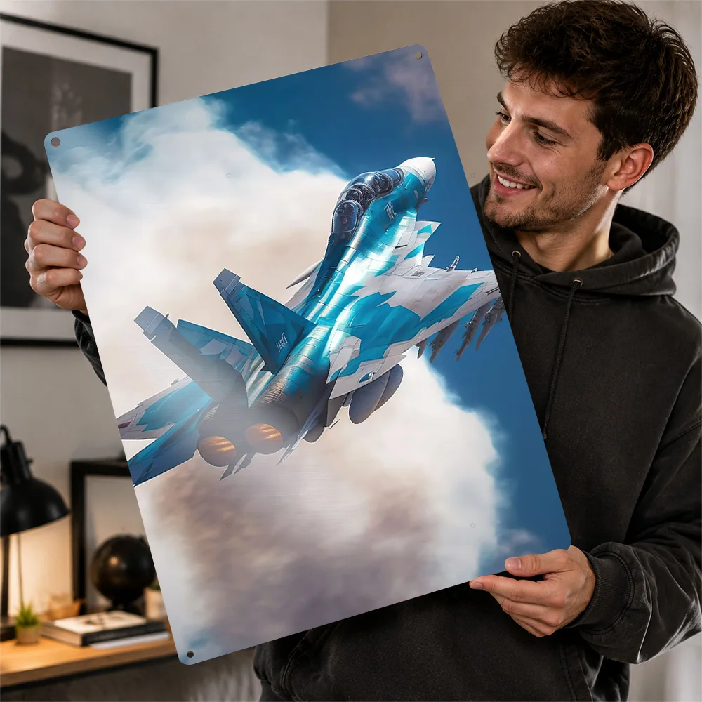 Blue Fighter Jet Above Clouds Textured Poster Personalized Metal Tin Sign Bold Airborne Technology Wall Art Belongs In Studies