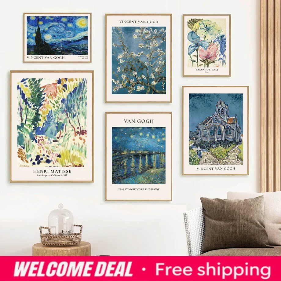 Vintage Famous Van Gogh Monet Matisse Dali Abstract Posters Prints Wall Art Canvas Painting Retro Pictures for Home Room Deco