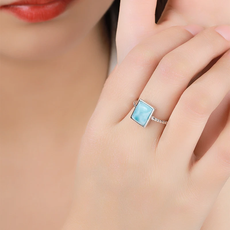 XYOP 925 Silver Gift Rectangular Natural Larimar Ring,The Girl Next Door Is Clean And Calm