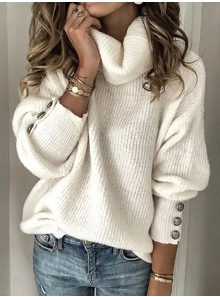 5xl Autumn/Winter New Solid High Neck Sweater 2024 Fashion Women\'s Loose Large Size Knit Classic Versatile Sweater