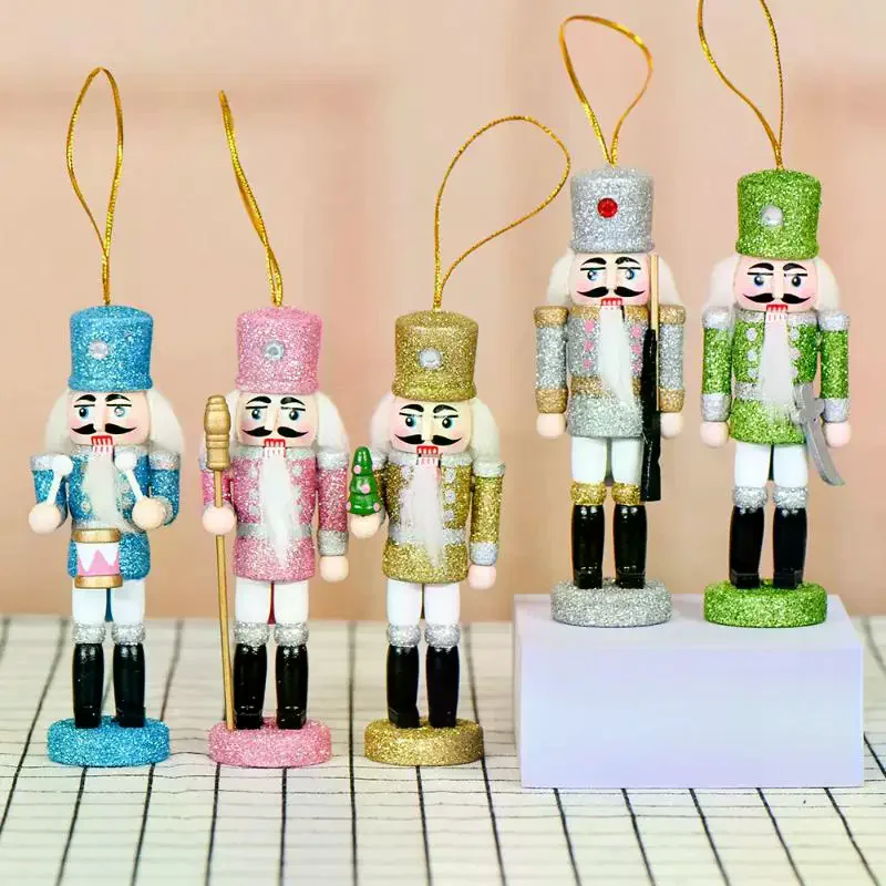 1/5Pcs Holiday Small Hanging Decoration 13CM Colorful Glitter Nutcracker Soldier Puppets Christmas Wooden Ornaments