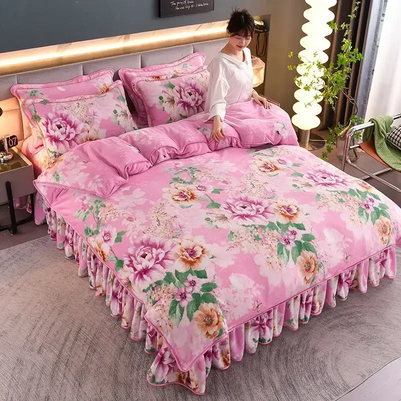 

Flannel four piece set, winter plush thickened milk velvet bed sheet, quilt cover, bed skirt, three piece set, bedding